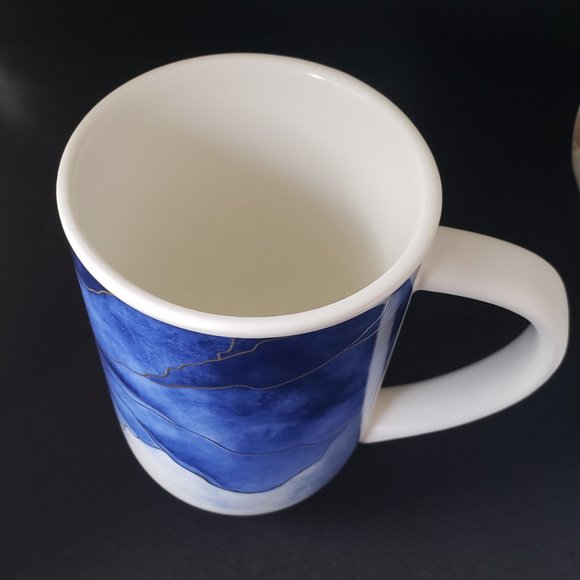 New Abstract Coffee Tea Water Mug Blue Watercolor Print W/ Gold Ceramic 16 oz - Picture 4 of 11